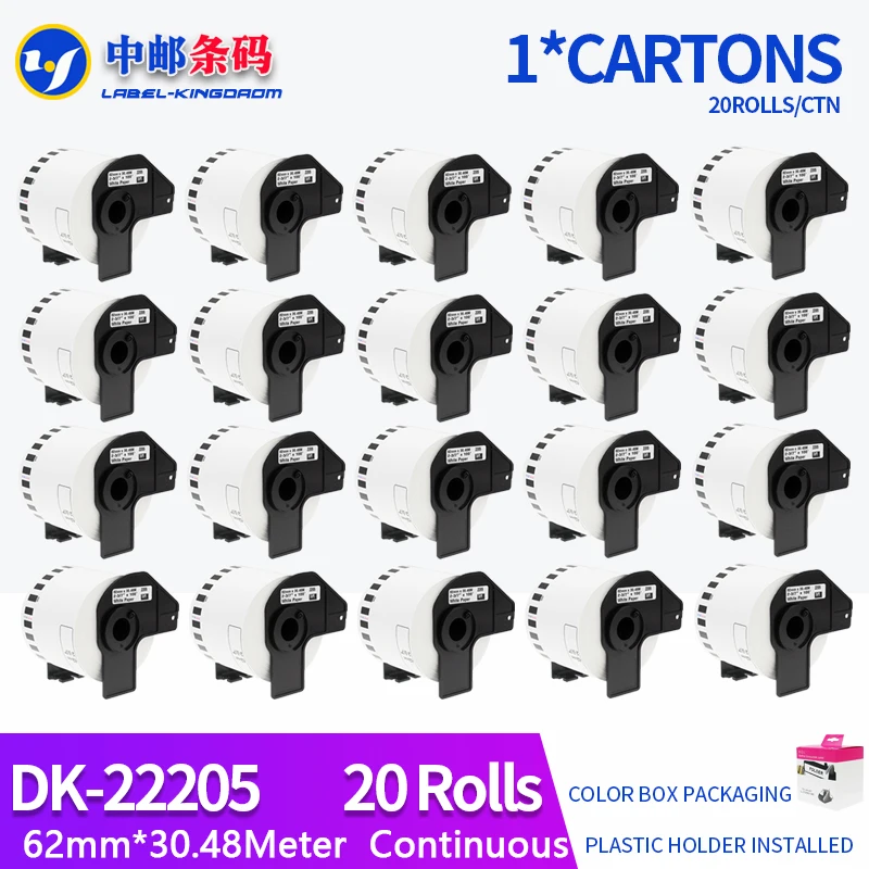 

20Rolls Compatible DK-22205 Label 62mm*30.48M Continuous For Brother QL-570/700/800/1060/1100 Printer All Include Plastic Holder