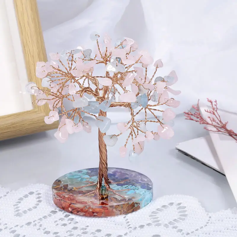 Natural Seven Color Crystal Crushed Stone Ornaments Circular Resin Base Lucky Tree Ornament Desktop Crystal Handicraft Ornaments