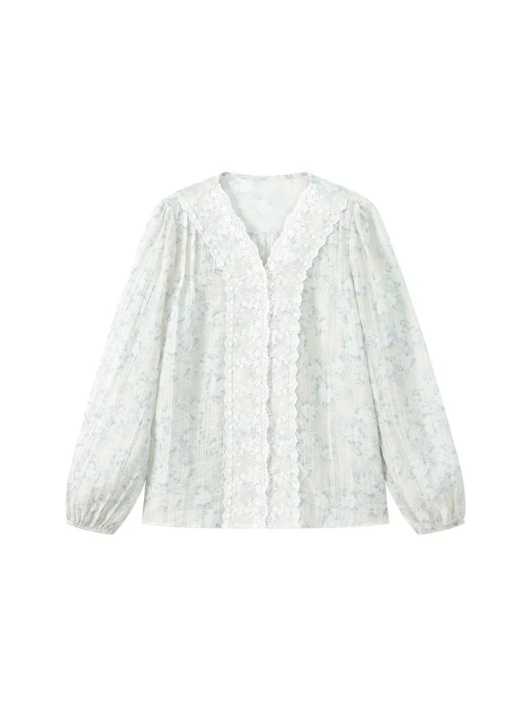 Lace Trim Floral Blouse Women Summer Puff Sleeve Loose Fit Vintage Button Down Shirt with Ruffle Detail Elegant Lightweight Top