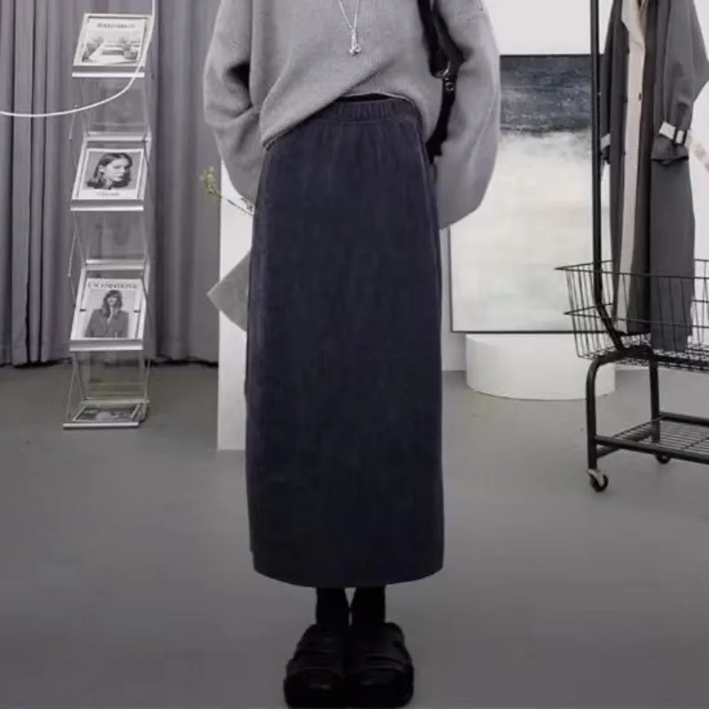 Women Fleece Lined Corduroy Midi Skirt Elastic High Waist Slit Straight Pencil Long Skirt For Autumn Winter