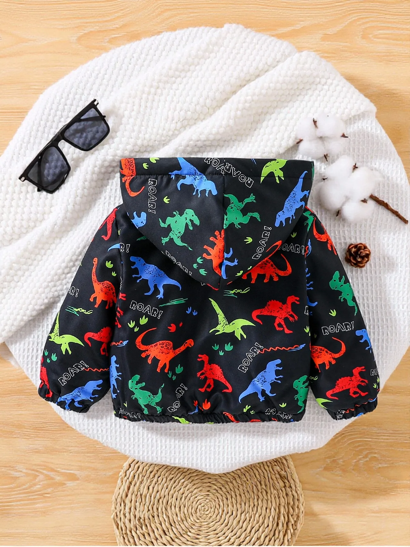 Boys Hooded Jacket Girls Cartoon Dinosaur Windbreaker Autumn /Winter Fleece Warm Coat Outdoor Clothes Infant Baby Outerwear 1-3Y