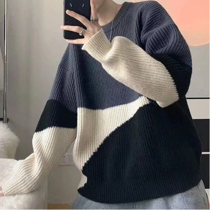 Suéter de punto unisex de gran tamaño con cuello redondo, color azul marino, negro, beige, bloque de color, grueso, suelto, casual