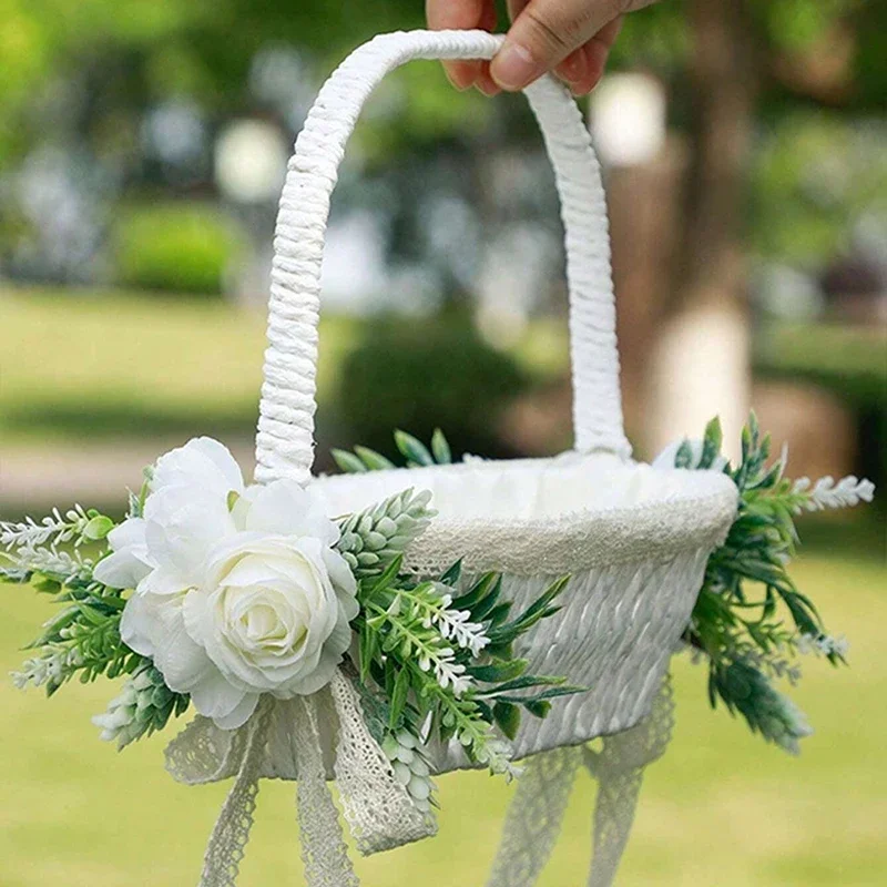 1pc Wedding Flower Girl Woven Basket Woven Storage Basket with Handle Rustic Decorative Flower Basket Home Garden Decoration