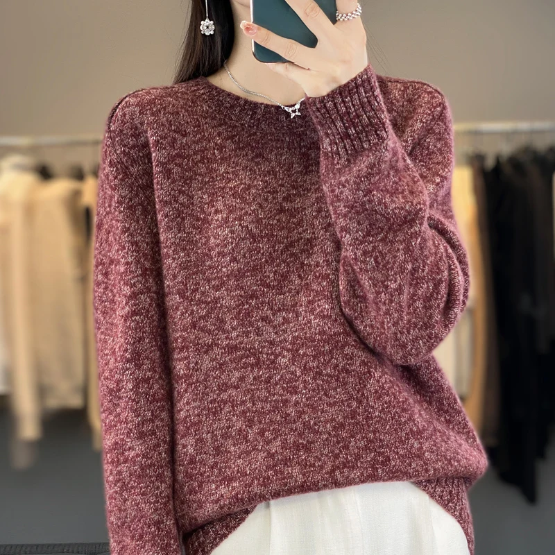 Women\'s 100% Pure Wool O-Neck Pullover, Long Sleeve, Computer Knitted Fashion, Versatile Short Sweater, New Style, 2023