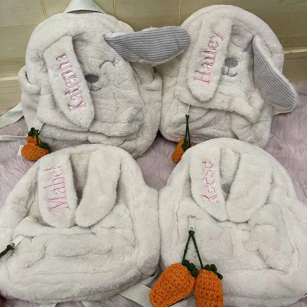 

Personalized Custom Beige Plush Cute Carrot Hanging Ear Rabbit Women's Backpack, Embroidered Children's Cute Gift Bag With Name