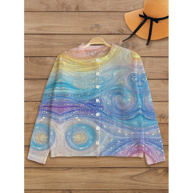 

Ins модный женский свитер с градиентным цифровым принтом, вязаный кардиган, толстый свободный кардиган с круглым вырезом и длинными рукавами на пуговицах, осень-зима