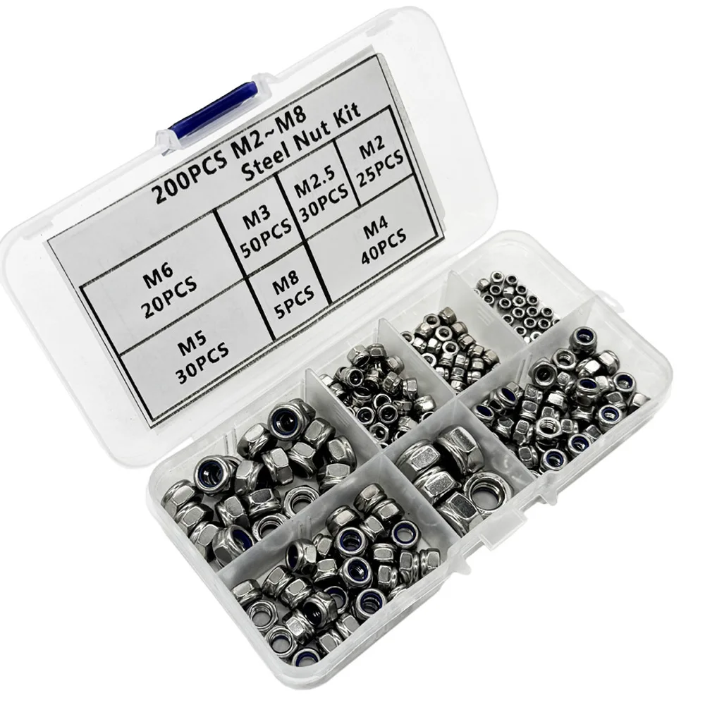 1 Set/200pcs DIN985 Hex Nylon Insert Self Lock Nut Nylock Locknut Assortment Kit M2 M2.5 M3 M4 M5 M6 M8