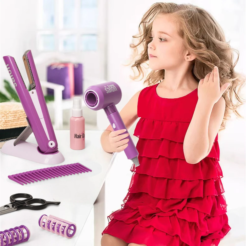 14Pcs Girls Beauty Hair Salon Toy Kit with Hairdryer, Straightener & Styling Accessories, Pretend Play Doll Stylist Set for Kids