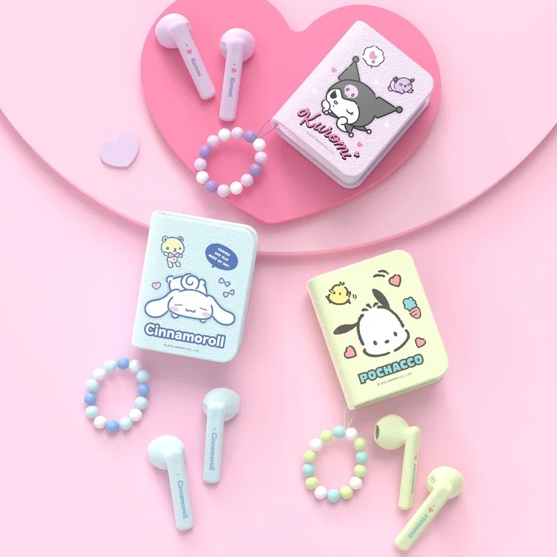 Kawaii Miniso Earphone Kuromi Cinnamoroll Inear Wireless Bluetooth Earbuds Cute Book Headsets Sport Touch Control Game Headset