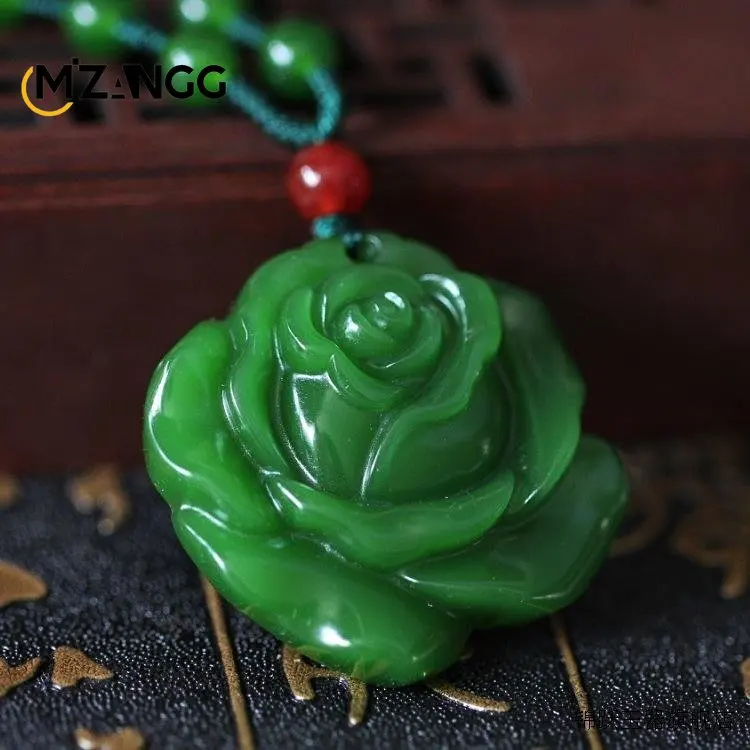 Natural Green Chinese Jade Lotus Pendant Hand-carved Rose White Jade Necklace Personality Charm Jewelry Girlfriend Mother Gift