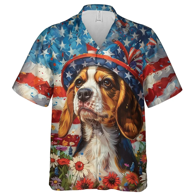 

Cute Pug America Flag Graphic Shirts For Men Clothes Patriotic Dogs Lapel Blouse Fashion Flower USA Pet Husky Women Short Sleeve