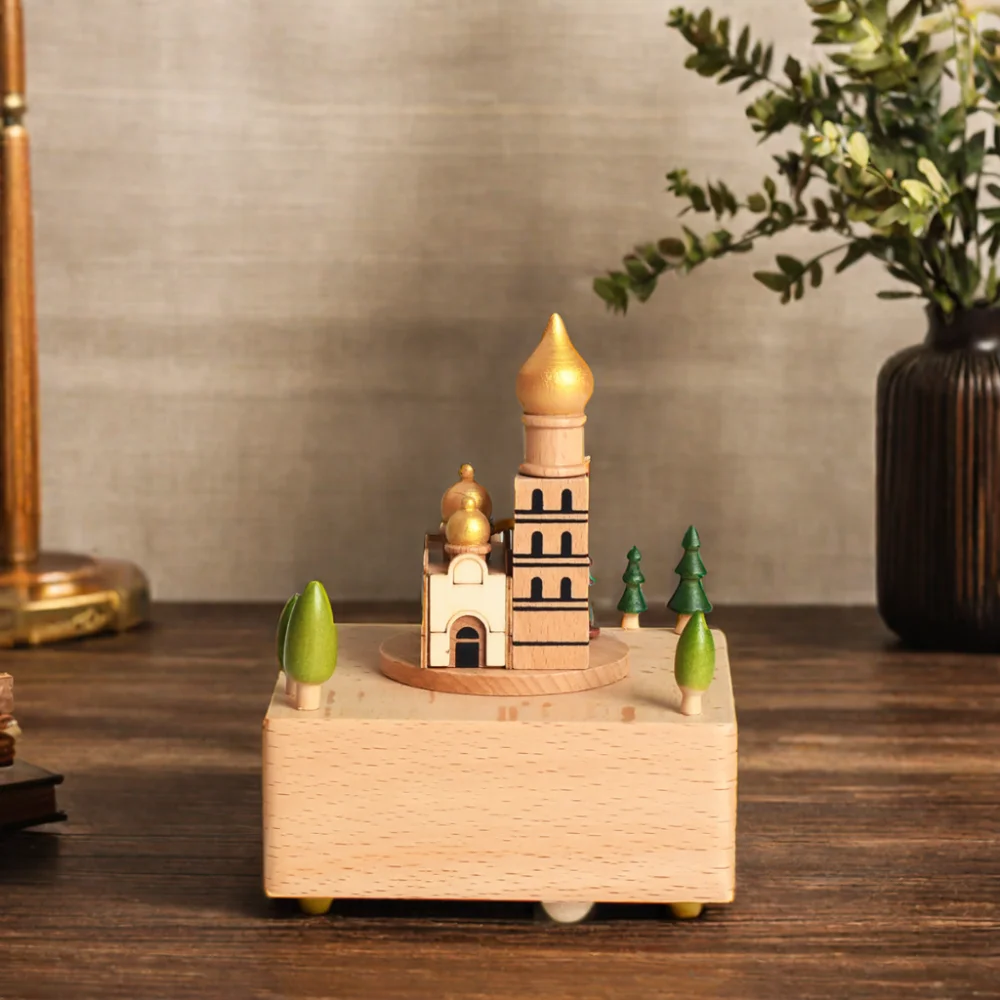 

High Quality Wholesale Wooden Music Box With Clockwork Dome Church Features Music Playing Function For Souvenirs