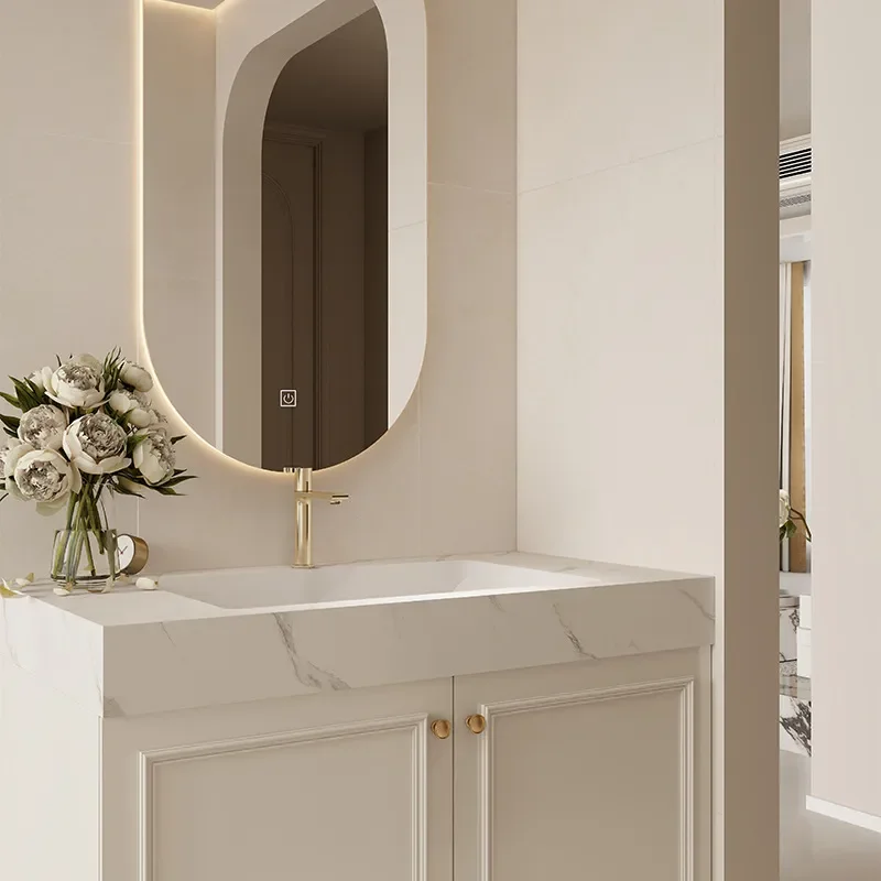 for French Style Wall Mounted Bathroom Cabinet with Rock Slab Sink and Painted Door Panel Washbasin Vanity Combination