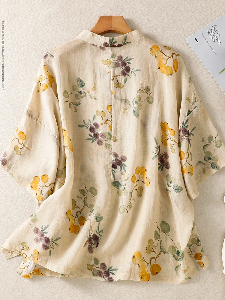 Retro Chinese Style Large Size Women's Shirt Loose Fit Five Sleeve Buttons Polyester Cotton Flax Print Vintage Top