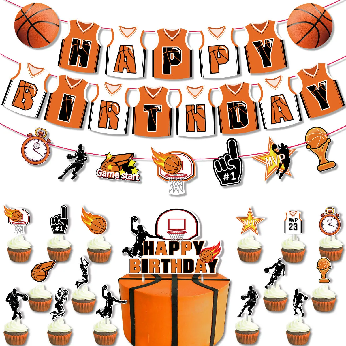 Basketball Cake Topper Flags Happy Birthday T-shirt Ball Cupcake Topper Baby Shower Kids Party Dessert DIY Baking Supplies Decor