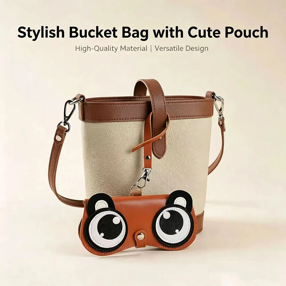 Cute Cartoon Bear Eye PU Leather Glasses Case Detachable Clip Strap Soft Microfiber Lining Sunglasses Pouch For Girls Women