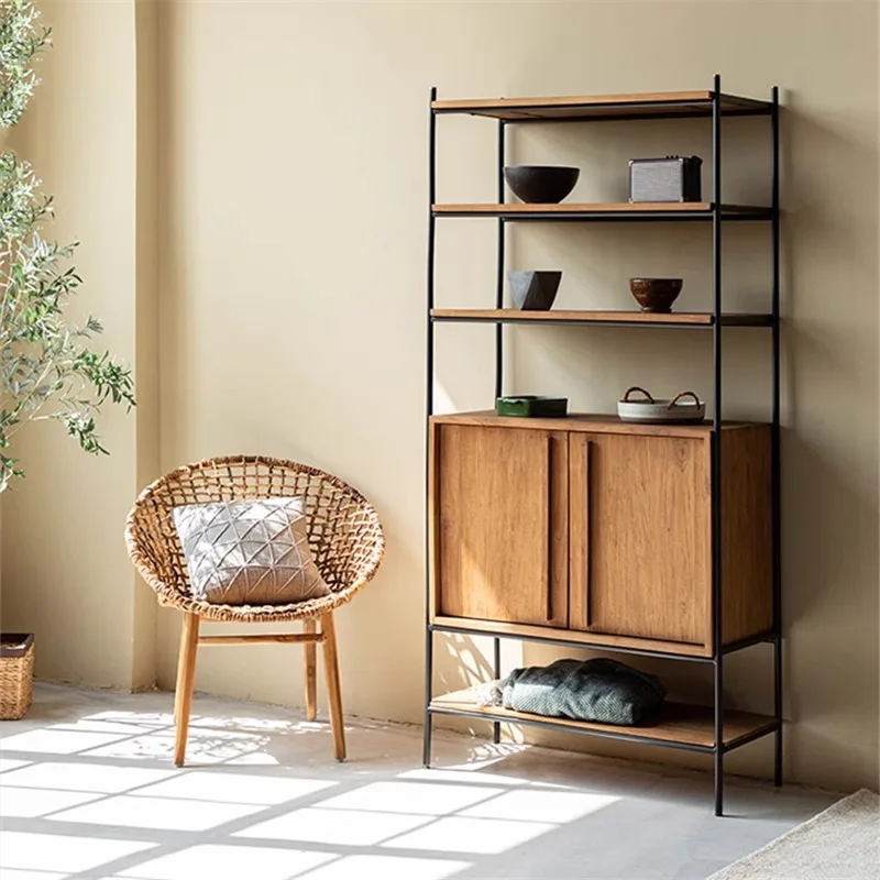 American solid wood bookcase bookshelf floor-to-ceiling multi-layer shelf wrought iron locker