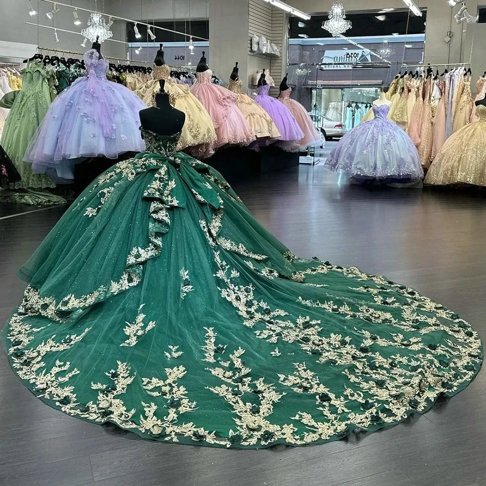 Emerald Green Puffy Charro Quinceanera Dresses Ball Gown Sweetheart Tulle Appliques Mexican Sweet 16 Dresses 15 Anos