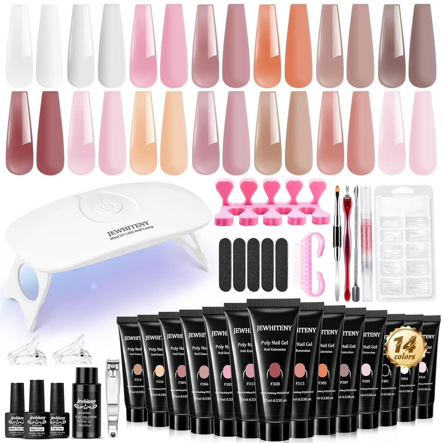 

14 PCS Poly Gel Nail Kit with Slip Solution and Mini Lamp for Beginner Nail Art Design