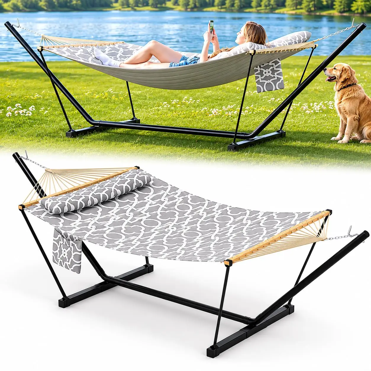 Heavy Duty Double Hammock with Stand 450 LBS Portable Frame, Customized