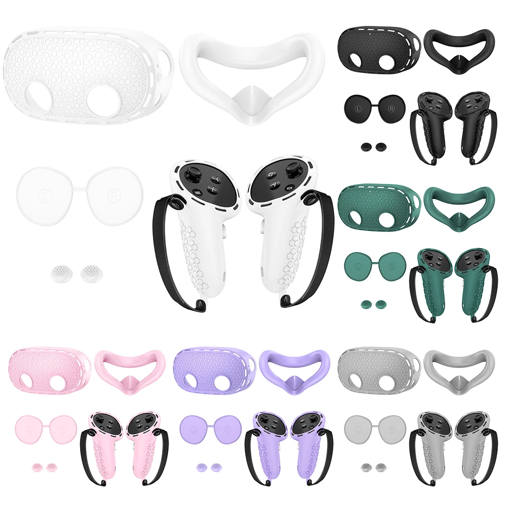 5in1 Silicone Cover for Meta Quest 3S VR Headset Handle Grips Cover Lens Cap Face Cover Eye Pad for Meta Quest 3s VR Accessories