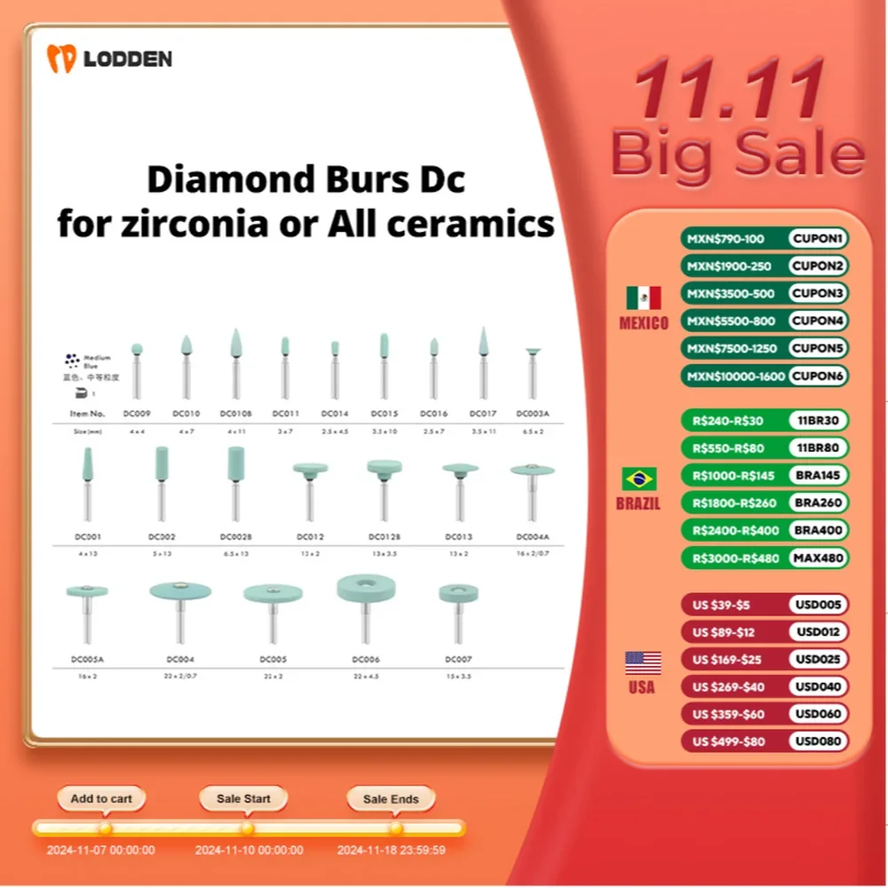 Dental Lab Zirconia Grinding Polishing Burs DC for Zirconia or emax Polisher Medium Grit Green Ceramics Pregnant Diamond Burs