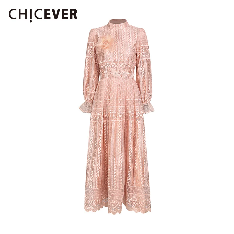 CHICEVER Solid Spliced Lace Dress Female Stand Collar Long Sleeve Loose Intellectual Elegant Women's Dresses Autumn Fashion New