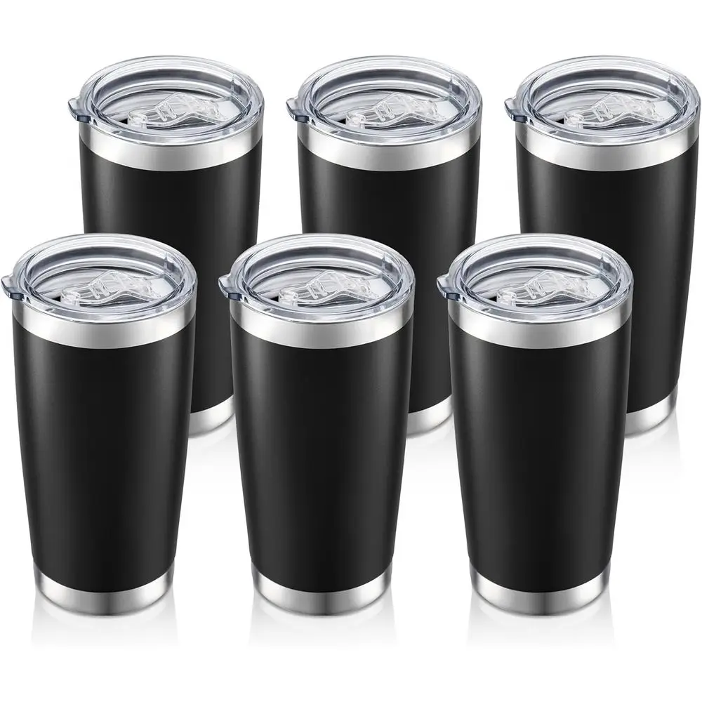 

6-Pack Black Powder Coated Stainless Steel Insulated Double Wall Tumblers with Lids for Hot and Cold Beverages