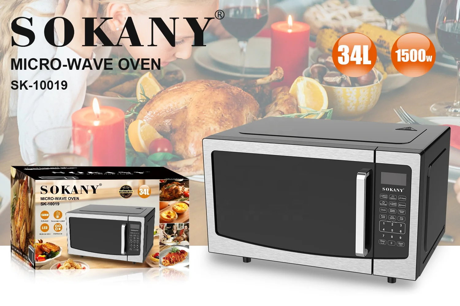 SOKANY 10019 34L 1500W Microwave Oven Stainless Steel White Microwave Oven Household Appliances With Grill