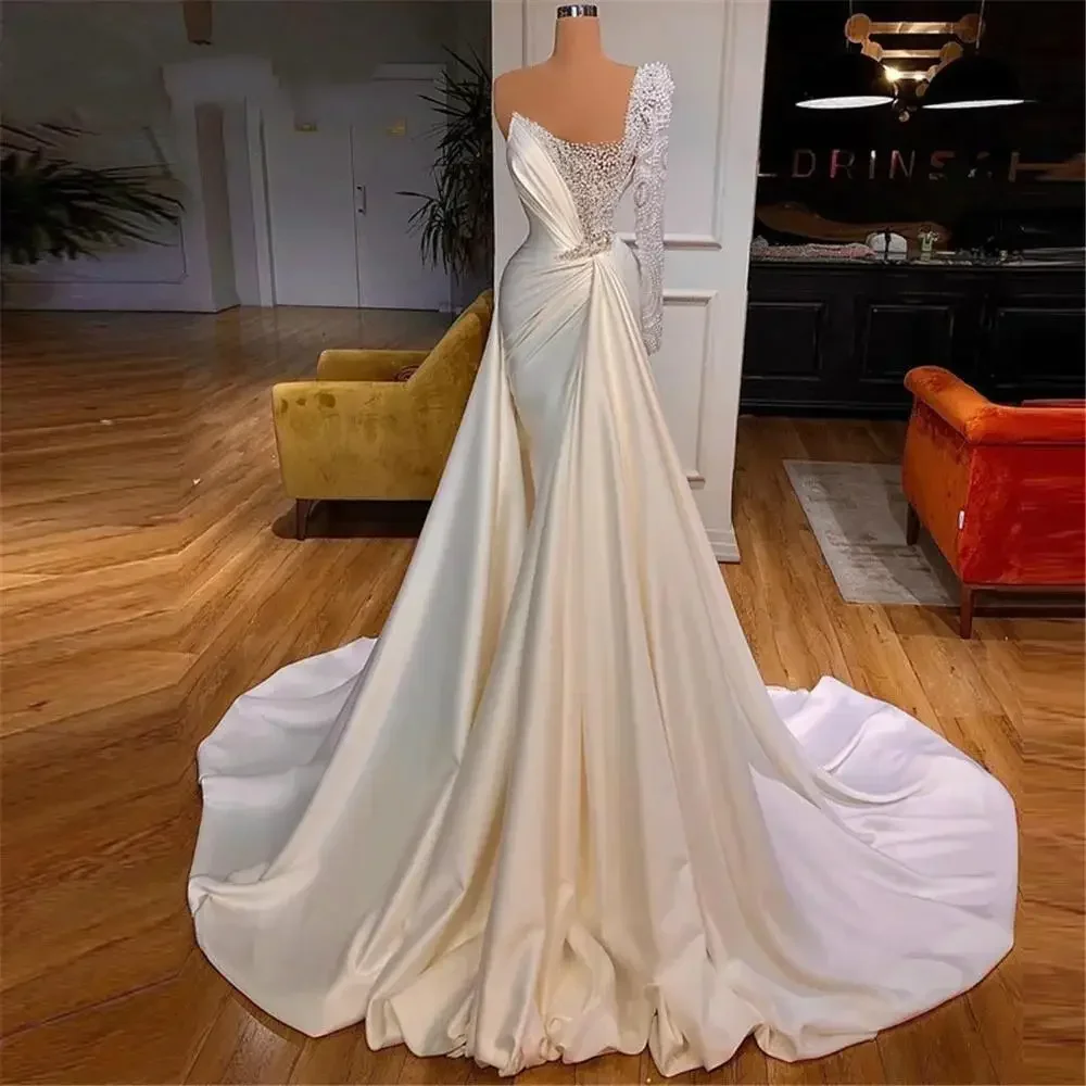 Customized  Pearls  Wedding Dresses With Overskirt One Shoulder Long Sleeve Satin Plus Size Vestidos De Novia Bridal Gowns