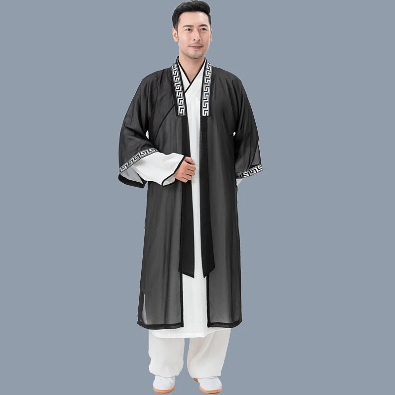 Flowy Lightweight Unisex Taoist Robe Long Sleeve Linen Cotton Martial Arts Performance Coat with Shoulder Cape