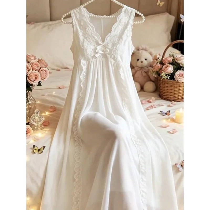 Fairy Bow Romantic Skin-friendly Fabric Home Spring and Autumn Style Sweet Pure Desire Sexy White Pajamas Can Be Worn Outside