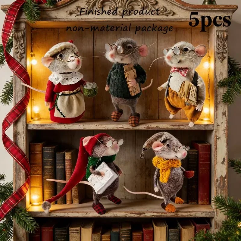 5Pcs Handmade Needle Felt Mouse Dolls, Cute Mini Wool Felt Animal Figurines, Desktop Ornament, Ideal Gift for Family Friends