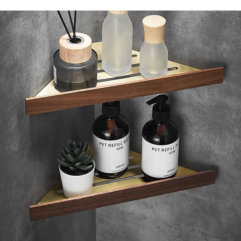 

Wooden Storage Racks Metal Drain Corner Holders Wall Mounted Bathroom Supplies Household Shelves