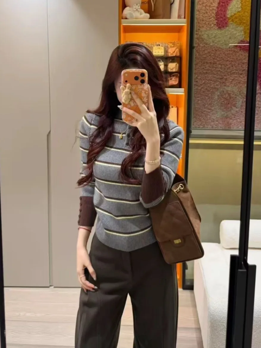 

Retro Stripe Knitwear Women's Autumn Winter Slimming Inner Wear Base irt Faionable Aosphere Top f High Collar Color ...