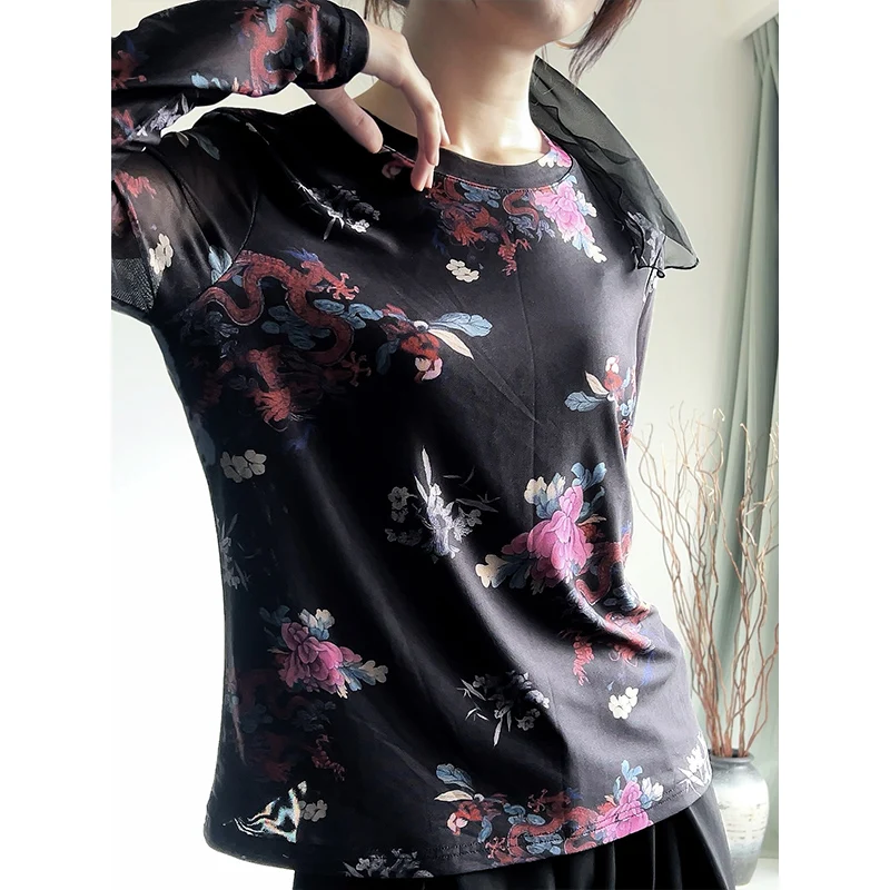 MadBlack-Women European T-Shirt, Sexy O Neck Floral Print, Fashion Long Sleeve Slim M-2XL Elastic Mesh Tee, 2025 Winter T5N602CC