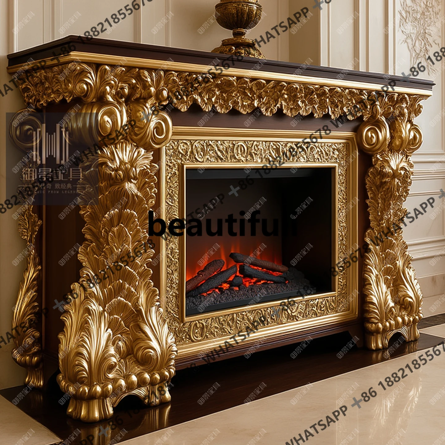 European solid wood fireplace cabinet retro carved decoration living room against the wall gold foil baking paint Xuanguan