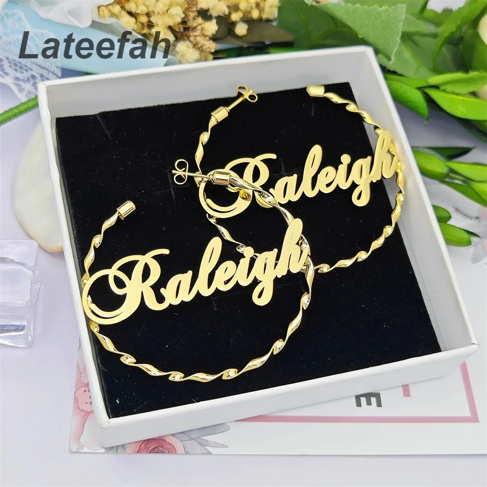 Lateefah Fashion Jewelry Customized Stainless Steel Earring Letter Name Earring Large Nameplate Earrings Twisted Earring Hoop