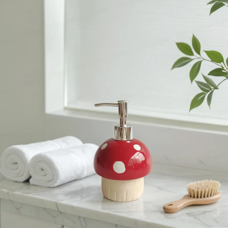 

European Style Red Mushroom Soap Dispenser Ceramic Household Press Type Liquid Hand Bath Lotion Bottle Bathroom Accessories