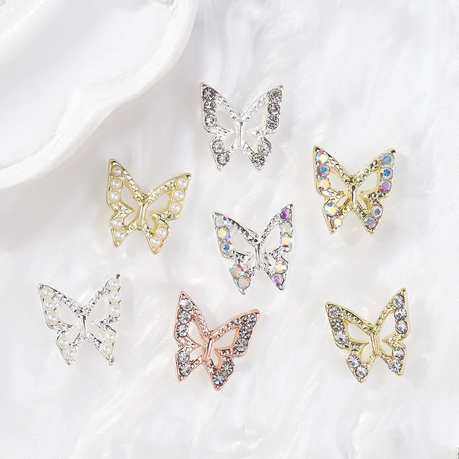 10pcs/bag Metal Butterfly Shape Nail Charms Gold Silver Shiny Diamond Rhinestone Nail Enhancement Jewelry Manicure Art Design