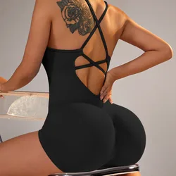 One Piece Sexy Backless Scrunch Sporty Tight Jumpsuit Raises Butt Playsuit Women Romper Summer Gym Fitness Yoga Clothes Short