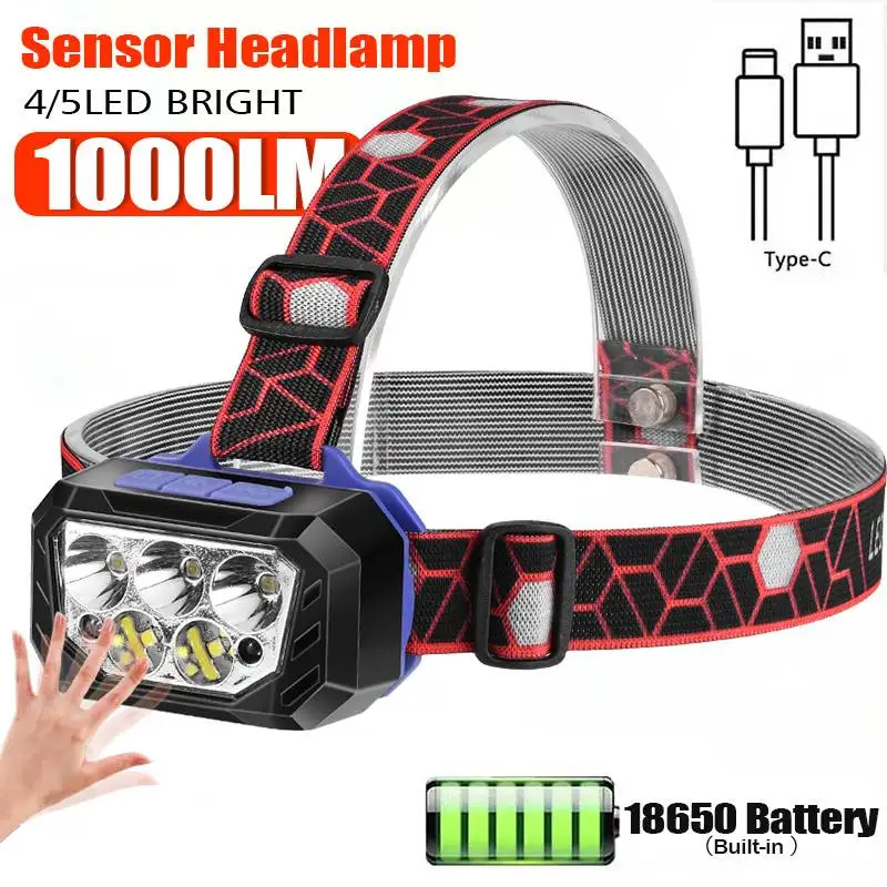 USB Rechageable Motion Sensor Headlight 5 Led Strong Light Headlamp Portable Fishing Camping Outdoor Head Lamp Work Flashlight