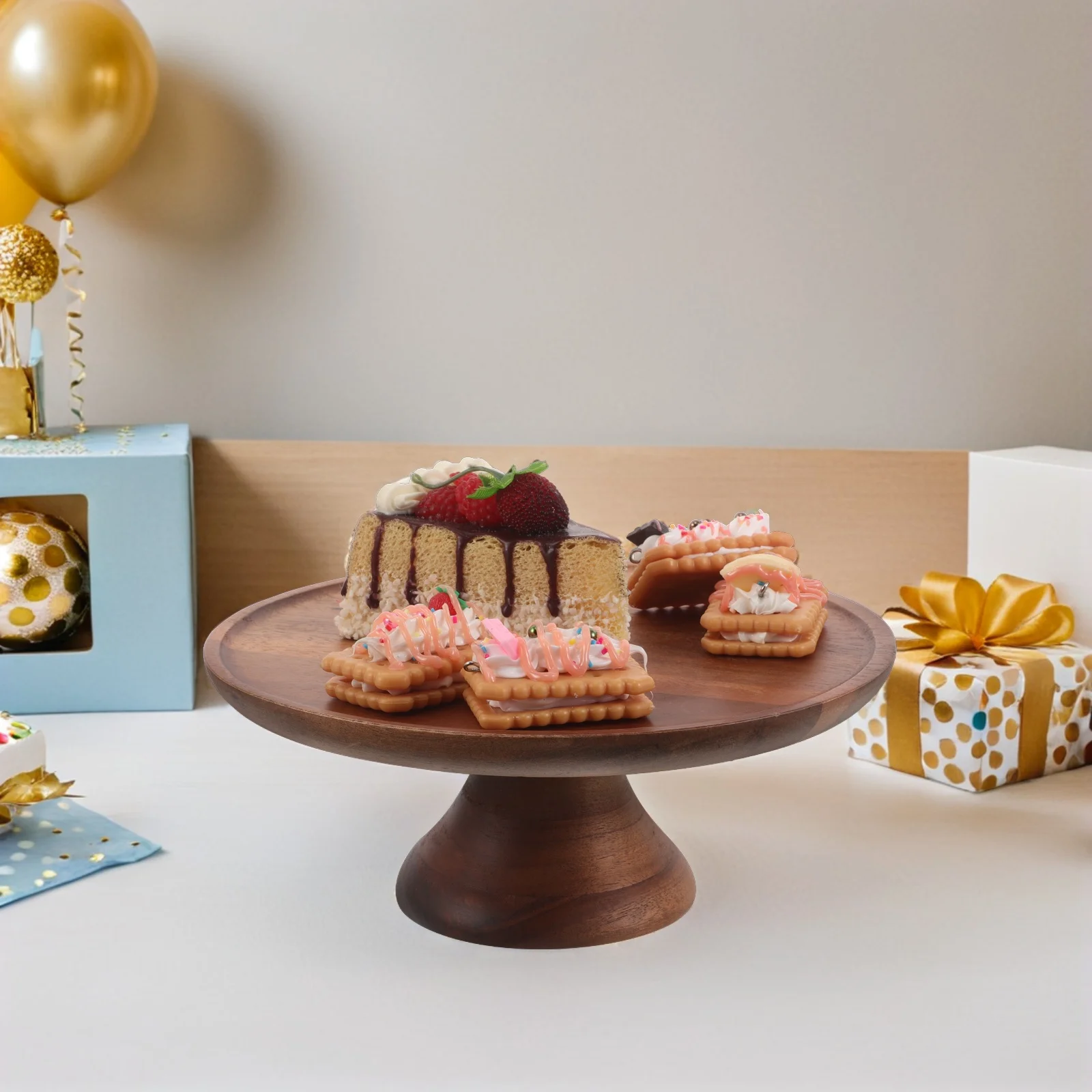 

Footed Acacia Wood Serving Tray Round Fruit Platter for Cake Dessert Display Stable Wood Table Centerpiece Snack Server Living