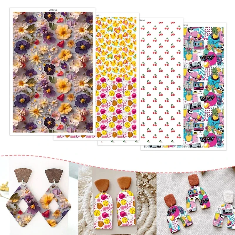 Polymer Clay Transfer Paper Floral Fruit Cherry Retro Painted Pattern Water Soluble Decal Stickers for DIY Earring Jewelry Craft
