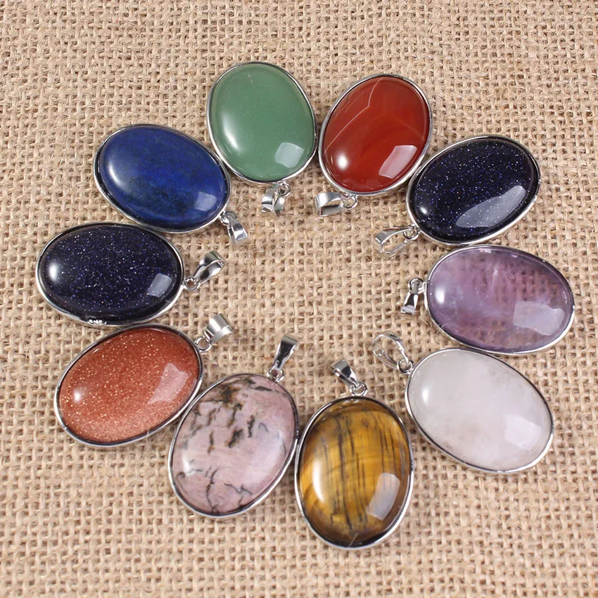 Pingentes de pedra de forma oval de cristal natural para mulheres ametista rosa quartzo lápis-lazúli labradorite pingente de pedra preciosa jóias