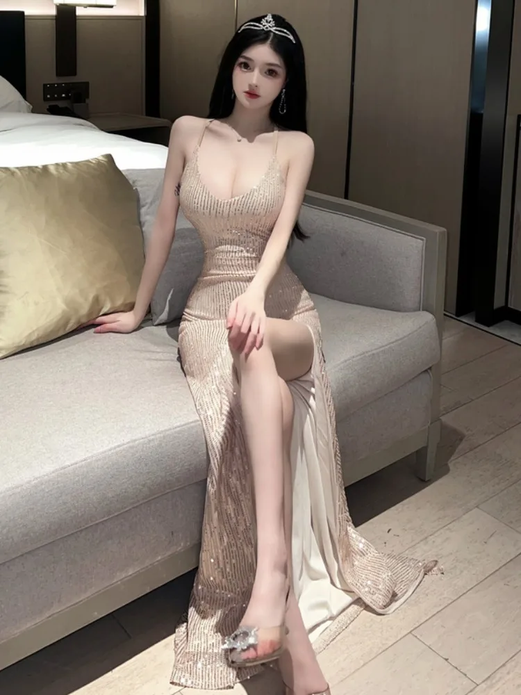 Champagne Sequin Evening Dresses Women Backless Bandage Sexy Slit Club Party Small Gown Exquisite Luxury Slim Cocktail Dress