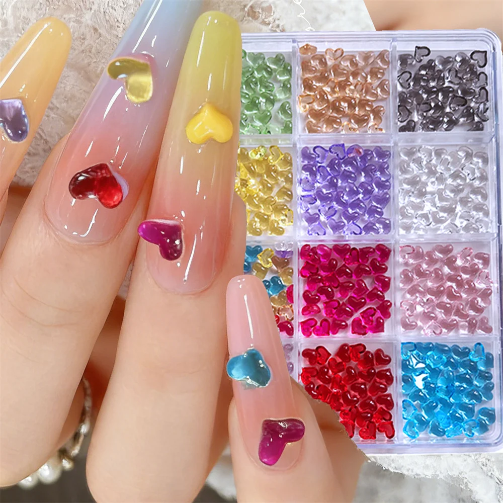12Grids Ice-Transparent Colors Love Heart Nail Art Pink/Purpl/Blue Jelly Heart Nail Charms 5*5mm Cute Love Heart Manicure Parts