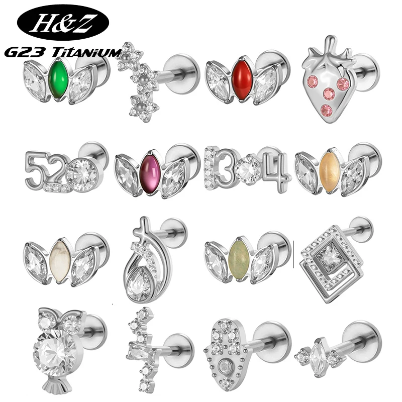 1PC G23 Solid Titanium Zircon Digital Geometry Internally Threaded Earrings Stud Tragus Cartilage Lobe Labret Piercing Jewelry