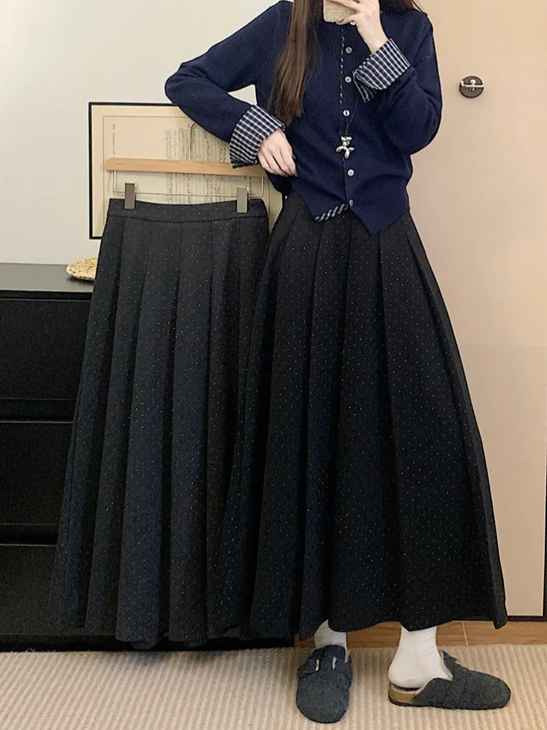 

Шерстяная юбка А-силуэта в клетку для женщин, осенне-зимняя, больших размеров, в горошек, плиссированная, длинная, модная, с высокой талией, для повседневной носки