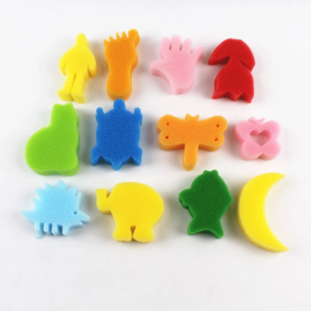 48Pcs Sponge Painting Stamper Set Plastic Handle Animal Shapes Colorful Rainbow Ink Kids Preschool Art Drawing Tools